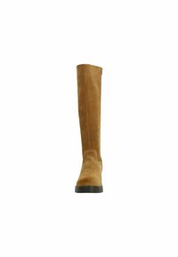 Brown suede knee-high boot with a straight silhouette, round toe, and a side zipper. The sole is black and flat for stability.