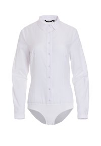 Biała, długosleeve koszula z zapięciem na guziki, klasycznym kołnierzykiem i przymocowanym dołem w stylu body. Wykonana z gładkiego materiału bez wzorów.