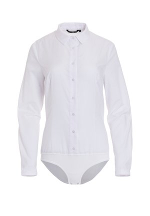 Biała, długosleeve koszula z zapięciem na guziki, klasycznym kołnierzykiem i przymocowanym dołem w stylu body. Wykonana z gładkiego materiału bez wzorów.