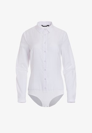 Biała, długosleeve koszula z zapięciem na guziki, klasycznym kołnierzykiem i przymocowanym dołem w stylu body. Wykonana z gładkiego materiału bez wzorów.