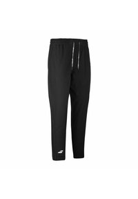 Pantalones deportivos negros ajustados con cinturilla elástica, cordones grises, bolsillos laterales y un pequeño logo blanco cerca del tobillo izquierdo.