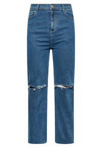 Jeans in denim blu con vita alta, gamba dritta e strappi alle ginocchia. Il materiale appare resistente con una superficie liscia.