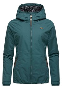 Teal synthetische hoodie-jack met een ritssluiting aan de voorkant, twee zijzakken, elastische manchetten en een gepatterneerde binnenvoering. Zachte textuur.
