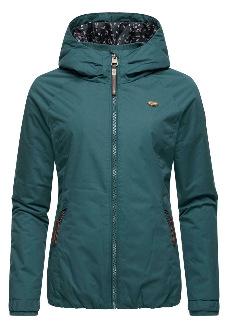 Teal synthetische hoodie-jack met een ritssluiting aan de voorkant, twee zijzakken, elastische manchetten en een gepatterneerde binnenvoering. Zachte textuur.