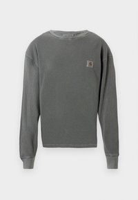 Szürke, hosszú ujjú, crewneck pulcsi bordázott textúrával, a bal mellen egy kis négyzet alakú logóval és bordázott mandzsettával.