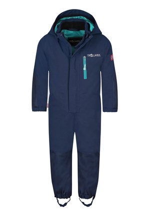 Marineblauer wasserdichter Einteiler mit Kapuze, türkisfarbenen Akzenten und elastischen Bündchen. Verfügt über einen Frontreißverschluss und verstärkte Kniebereiche.