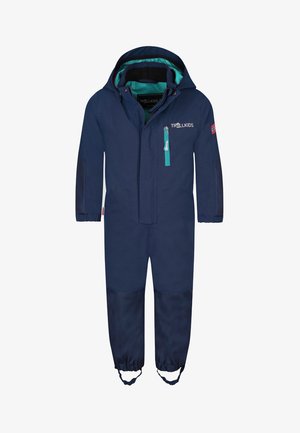 Navy blue waterproof all-in-one suit with a hood, turquoise accents, and elastic cuffs. Features a front zipper and reinforced knee areas.