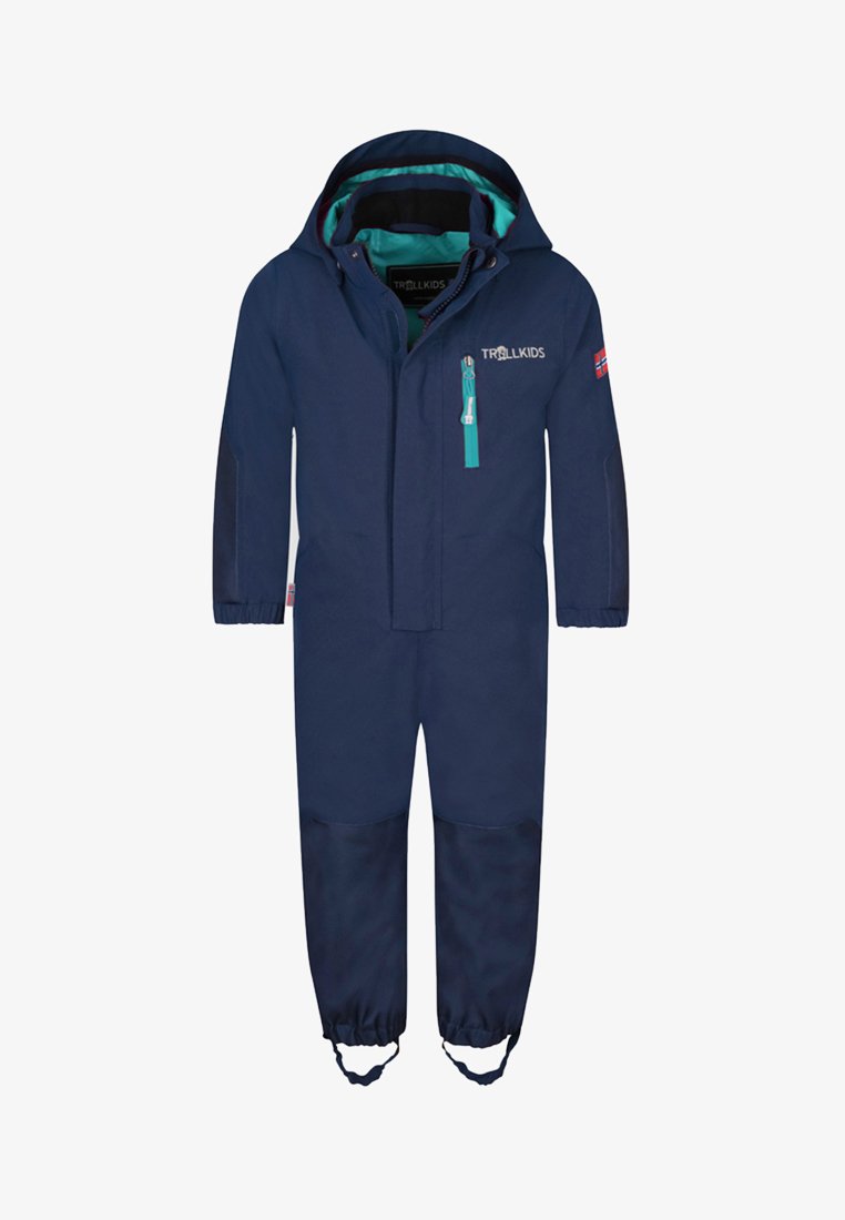 Navy blue waterproof all-in-one suit with a hood, turquoise accents, and elastic cuffs. Features a front zipper and reinforced knee areas.