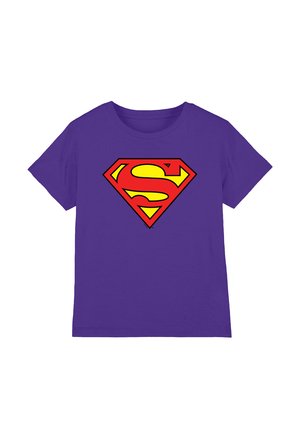 Purple short-sleeve T-shirt with a large red and yellow Superman "S" shield logo centered on the chest.