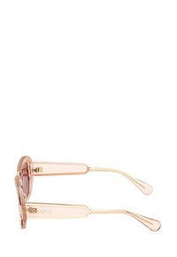 Occhiali da sole trasparenti rosa con montatura arrotondata, dettagli in metallo dorato e bracci ampi e piatti. Le lenti hanno una leggera tonalità.