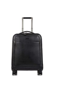 Schwarzer Lederkoffer mit einem Teleskopgriff, glatter Textur, Reißverschluss-Fronttasche und vier Rädern für eine einfache Handhabung.