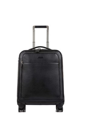 Valise en cuir noir avec une poignée télescopique, texture lisse, poche frontale zippée et quatre roues pour une maniabilité facile.