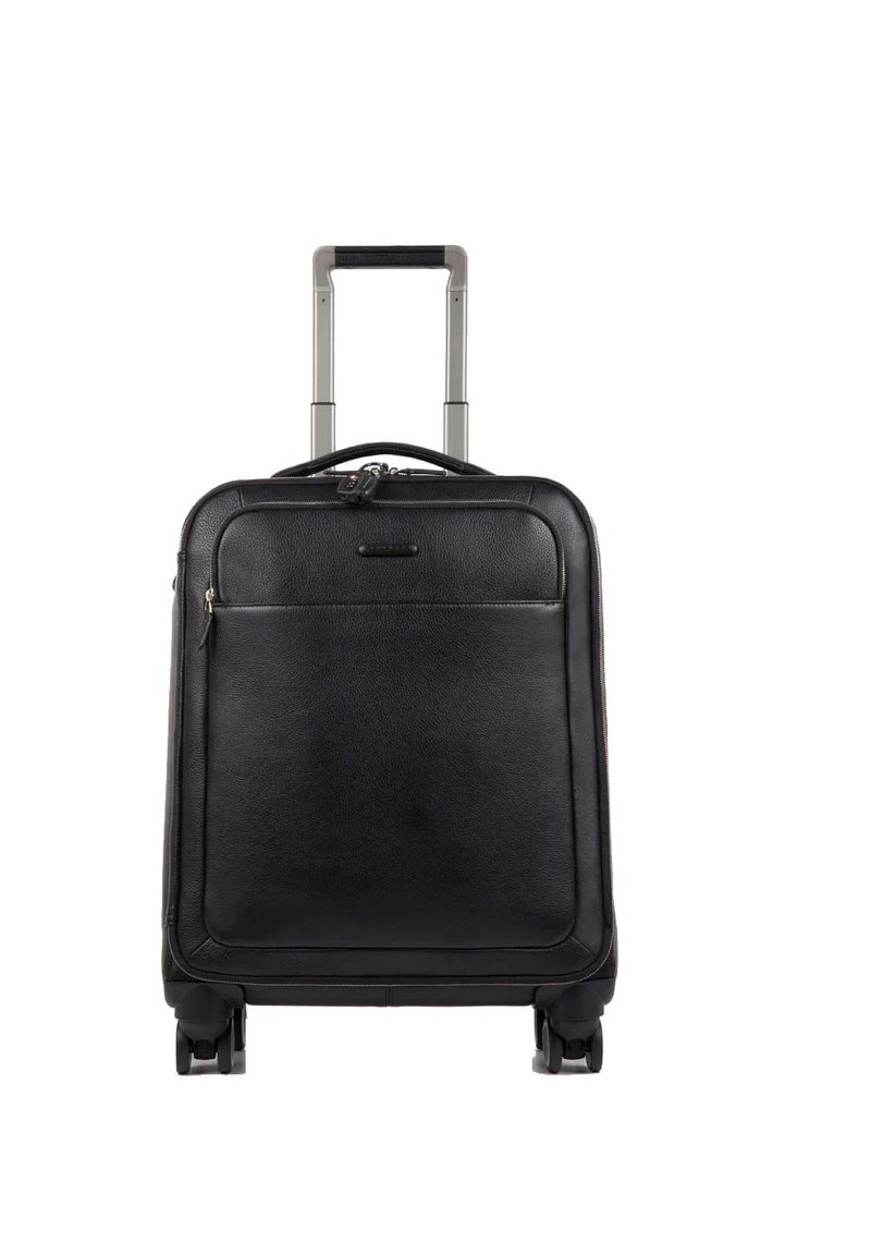 Schwarzer Lederkoffer mit einem Teleskopgriff, glatter Textur, Reißverschluss-Fronttasche und vier Rädern für eine einfache Handhabung.