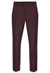 Spodnie w bordową kratkę o dopasowanym kroju, z zapięciem na guzik, szlufkami na pasek i gładką fakturą odpowiednią na formalne okazje.