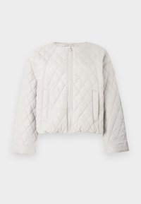 Kurtka pikowana, krótka w jasnoszarym kolorze. Posiada przedni zamek błyskawiczny, okrągły dekolt oraz dwie boczne kieszenie. Gładka faktura z wzorem w romby.