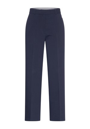 Navy blue wide-leg trousers made from a smooth fabric with a flat front, belt loops, and a clean finish. Tailored design with no patterns.