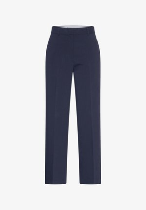 Pantalones de pierna ancha de color azul marino, hechos de una tela suave con un frente plano, trabillas para cinturón y un acabado limpio. Diseño ajustado sin patrones.