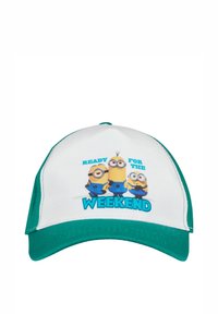 Czapka baseballowa w motywie Minionków z białym przodem, zielonym daszkiem i napisem "GOTOWY NA WEEKEND". Zawiera grafikę trzech kreskówkowych Minionków.