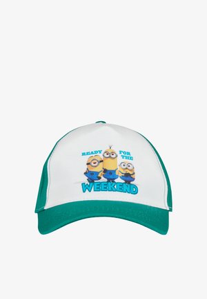 Czapka baseballowa w motywie Minionków z białym przodem, zielonym daszkiem i napisem "GOTOWY NA WEEKEND". Zawiera grafikę trzech kreskówkowych Minionków.