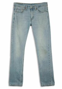 Jeans in denim azzurro chiaro con una vestibilità a gamba dritta, design a cinque tasche, cuciture visibili e una texture scolorita. Nessun abbellimento o grafica.