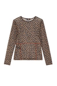 Dugog rukav leopardski top od prozirnog materijala, sa okruglim izrezom, kontrastnim crvenim šavovima i slobodnim krojem.