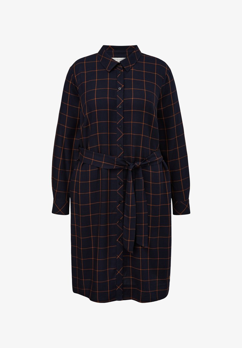 Robe chemise bleu marine à manches longues avec motif carreaux orange, boutonnée devant, col et ceinture en tissu assorti nouée à la taille.