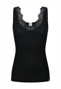 Schwarz geripptes Tanktop mit V-Ausschnitt und floralem Spitzenbesatz. Leichter Stoff, taillierte Passform und Etikett in der unteren linken Ecke.