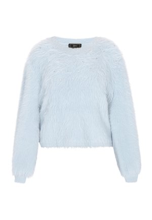 Light blue, fluffy cropped sweater with long sleeves. Features a soft texture and small decorative beads on the front. Round neckline.