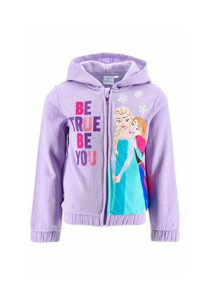 Lila Kinder-Hoodie mit Frontreißverschluss, Text "Be True Be You," und Figuren aus Die Eiskönigin, die blaue und pinke Kleider mit Schneeflocken tragen.