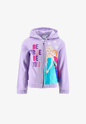 Lila Kinder-Hoodie mit Frontreißverschluss, Text "Be True Be You," und Figuren aus Die Eiskönigin, die blaue und pinke Kleider mit Schneeflocken tragen.