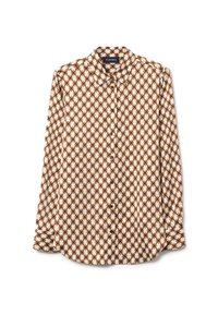 Langarmshirt met een bruin-witte geometrische print, een knoopsluiting aan de voorkant en een zachte stof met een gladde textuur.