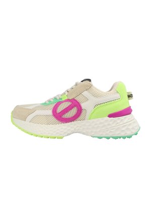 Sneakers with a beige mesh upper, pink and green accents, white sole, and textured tread. Features prominent logo on the side.