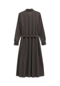 Langes, dunkelgraues Kleid aus weichem Stoff, mit einem kragenlosen Ausschnitt, langen Ärmeln mit knöpfbaren Manschetten und einem passenden Gürtel in der Taille.