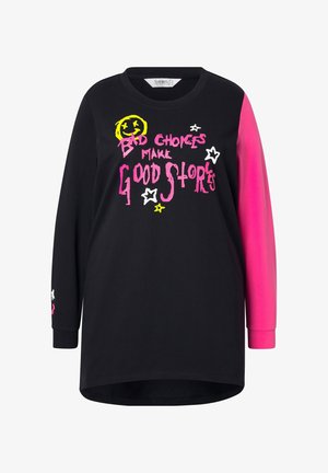 Black long-sleeve top in cotton blend, featuring pink sleeve, graphic text in pink and yellow, and star motifs. Rounded hem with cuffs.