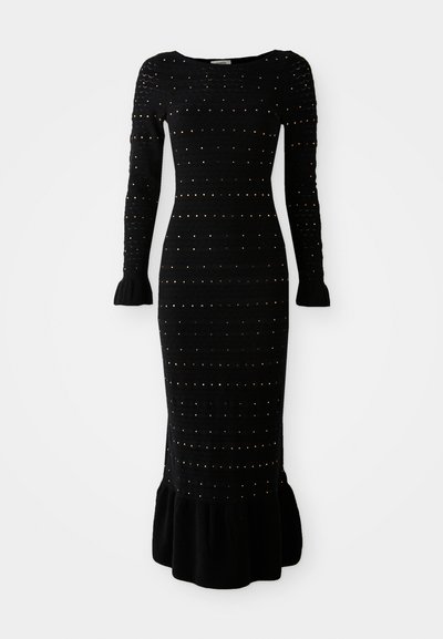Rochie tricotată neagră, cu mâneci lungi, siluetă ajustată, textură striată, decorată cu puncte aurii și tiv volanat evazat.