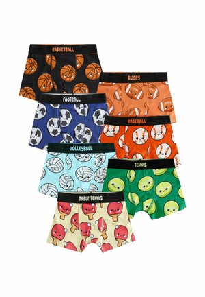 Seven pairs of colorful kids' boxer briefs with smiling sports balls and equipment prints labeled basketball, rugby, football, baseball, volleyball, tennis, and table tennis.