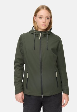 Olivgrüne Jacke mit durchgehendem Reißverschluss, verstellbarer Kapuze und zwei Seitentaschen. Glatter, strukturierten Stoff mit kontrastierenden schwarzen Reißverschlüssen.