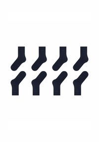 Granatowe skarpetki załogowe ułożone w dwóch rzędach, charakteryzujące się gładką teksturą oraz prostym wzornictwem z subtelnym brandingiem w kolorze niebieskim.
