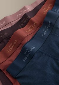 Patru boxeri pliati în nuanțe de mauve, maro închis, rugină și bleumarin, fiecare cu talie marcata "NEXT SIGNATURE".