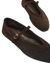Brązowe zamszowe baleriny z zaokrąglonym noskiem i regulowanym paskiem, z akcentem złotej biżuterii oraz gładkim wykończeniem wewnętrznym.