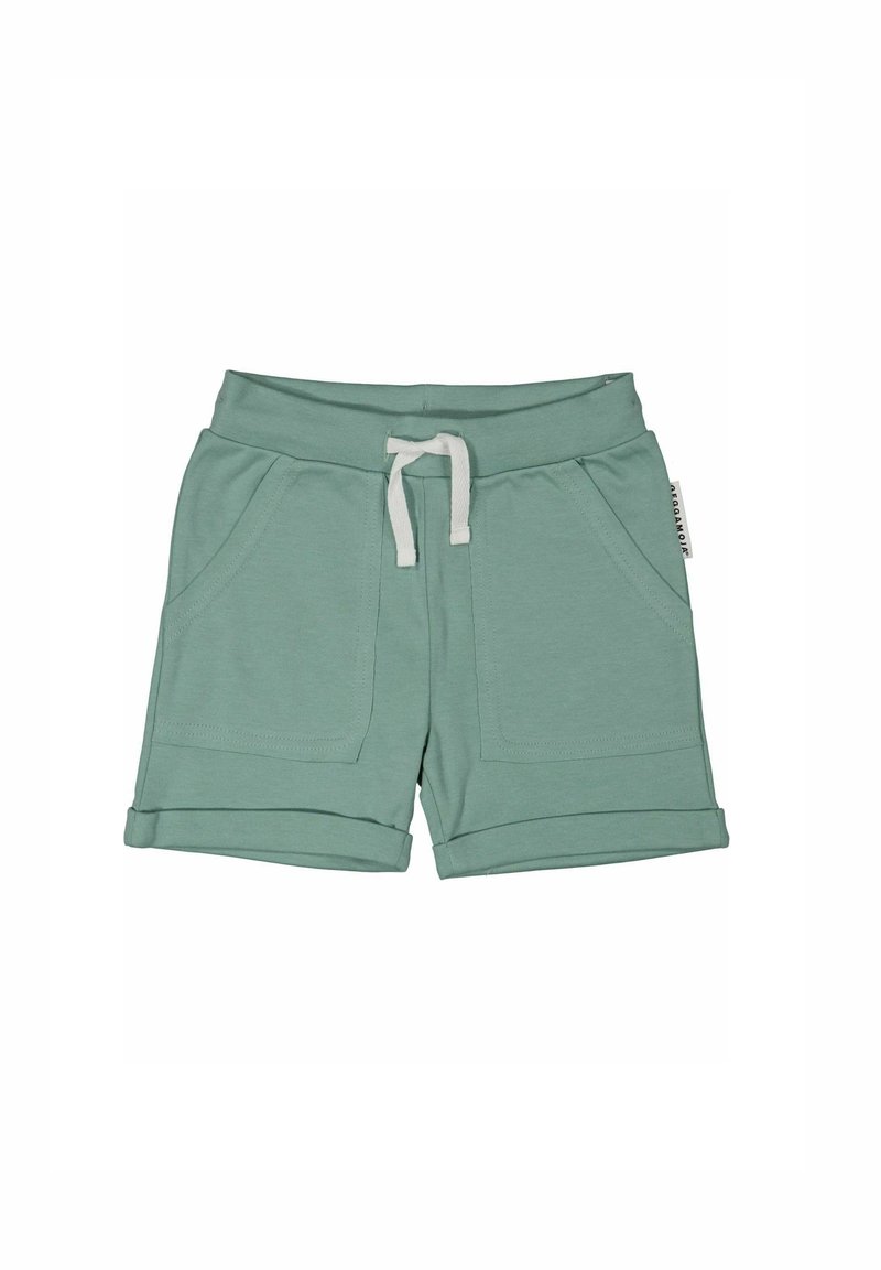 Mintgröna bomullsshorts med elastiskt midjeband, vit snörning, upprullade fållar och två framfickor. Slät textur, avslappnad design.