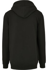 Svart hettegenser, bomullsblanding, lange ermer, ribbestrikkede mansjetter og hem, glatt tekstur, minimalistisk design, bakvinkel.
