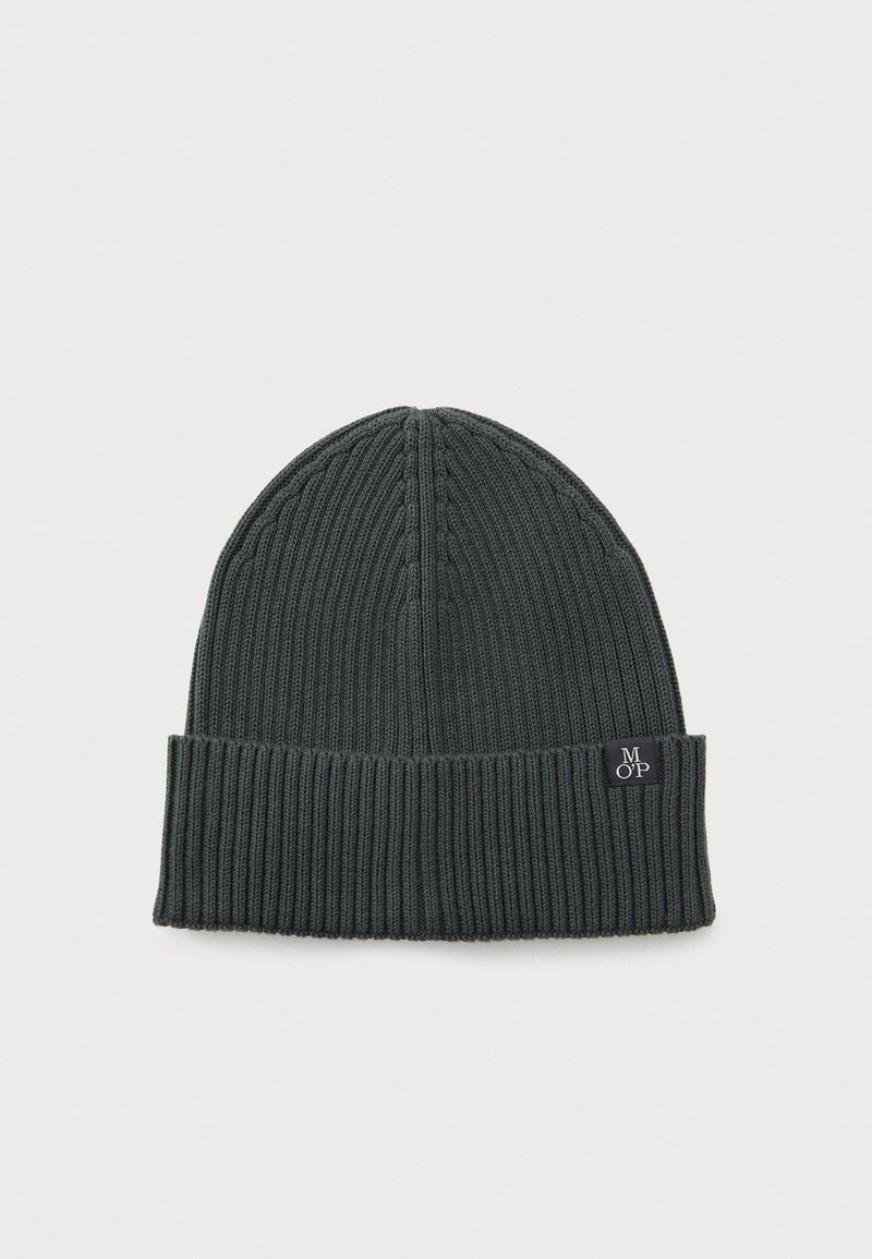 Dark gray ribbed knit beanie with folded cuff and small black patch labeled "M O P" on side.