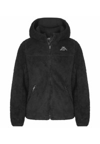 Giacca con cappuccio in pile nera con zip frontale, dotata di tasche laterali e un piccolo logo sul lato sinistro del petto. Tessuto morbido e testurizzato.