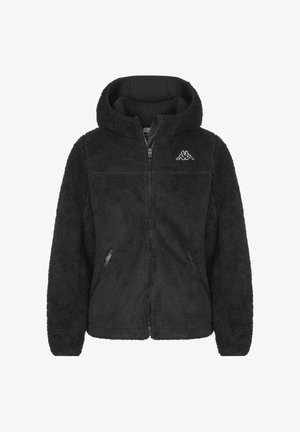 Giacca con cappuccio in pile nera con zip frontale, dotata di tasche laterali e un piccolo logo sul lato sinistro del petto. Tessuto morbido e testurizzato.