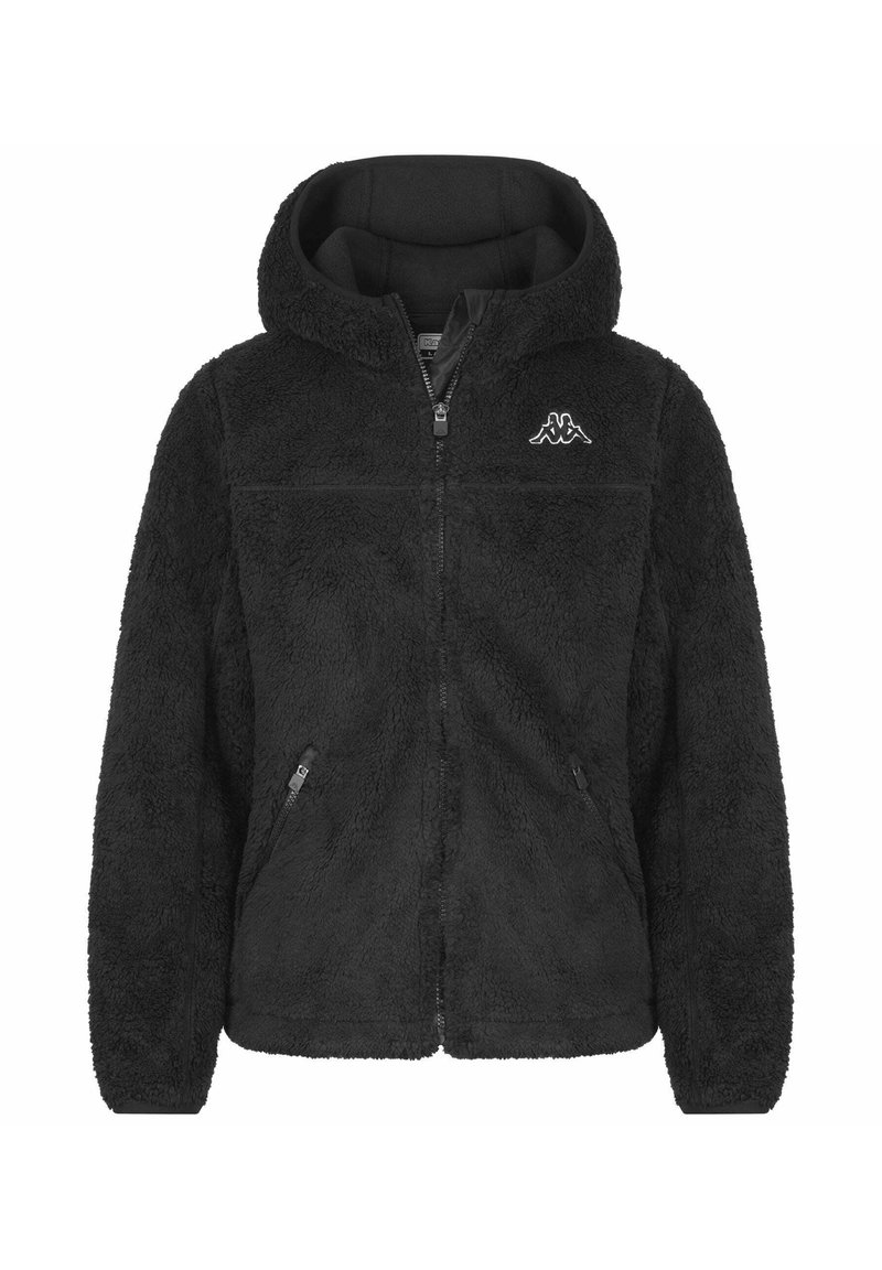 Giacca con cappuccio in pile nera con zip frontale, dotata di tasche laterali e un piccolo logo sul lato sinistro del petto. Tessuto morbido e testurizzato.