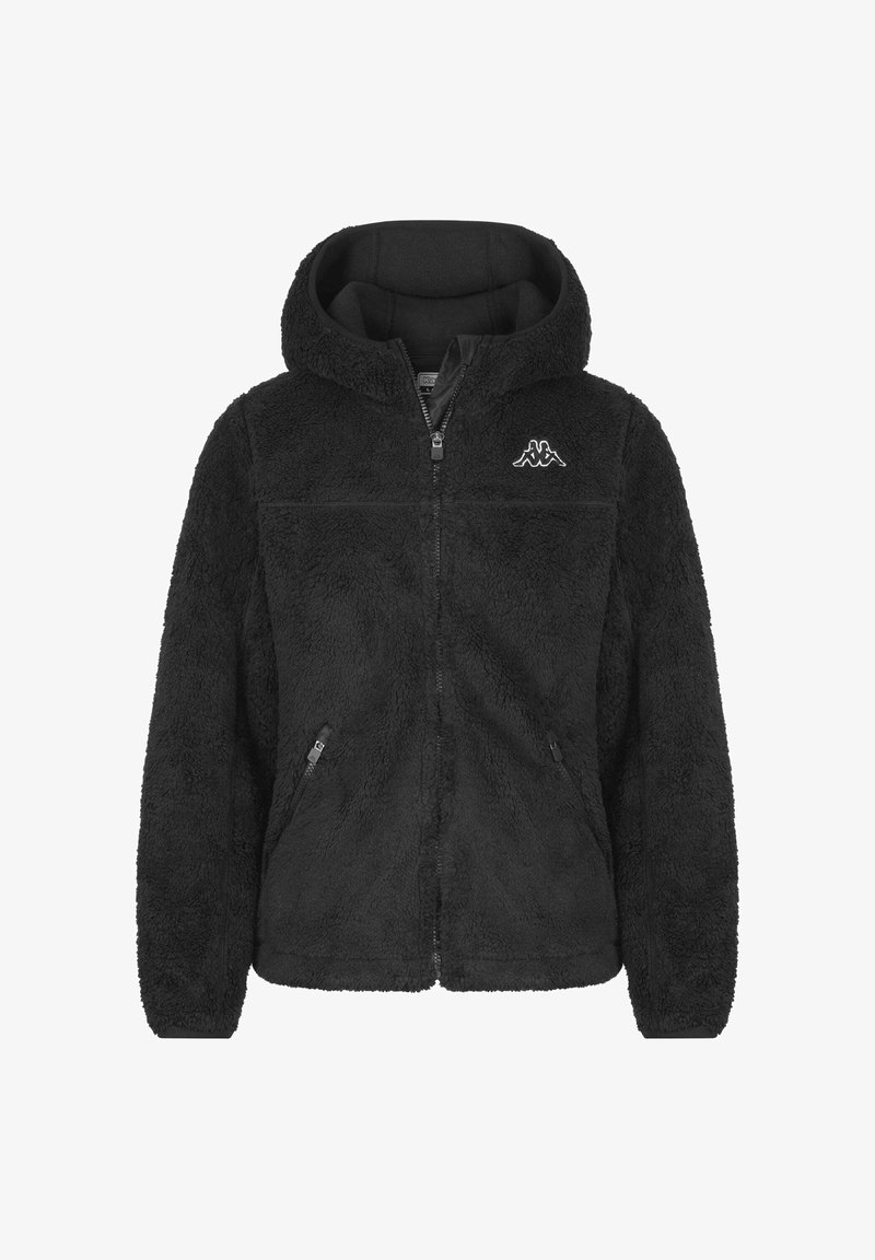 Giacca con cappuccio in pile nera con zip frontale, dotata di tasche laterali e un piccolo logo sul lato sinistro del petto. Tessuto morbido e testurizzato.