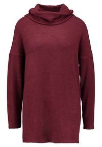 Maglione oversize bordeaux con collo a scialle, maniche lunghe e tessuto morbido; presenta una vestibilità ampia e rilassata.