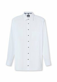 Weißes Langarmhemd mit Kragen, ausgestattet mit einer Brusttasche und braunen Knöpfen. Glatter Stoff mit feiner Textur.