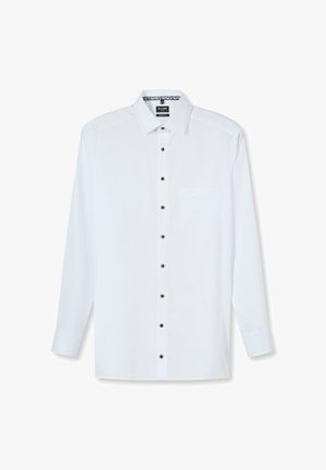 Weißes Langarmhemd mit Kragen, ausgestattet mit einer Brusttasche und braunen Knöpfen. Glatter Stoff mit feiner Textur.